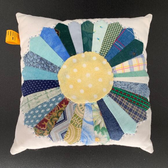 Handmade Pillow Quilted Small 8" Accent Blue Green Yellow Dresden Plate Pieced - Picture 10 of 10